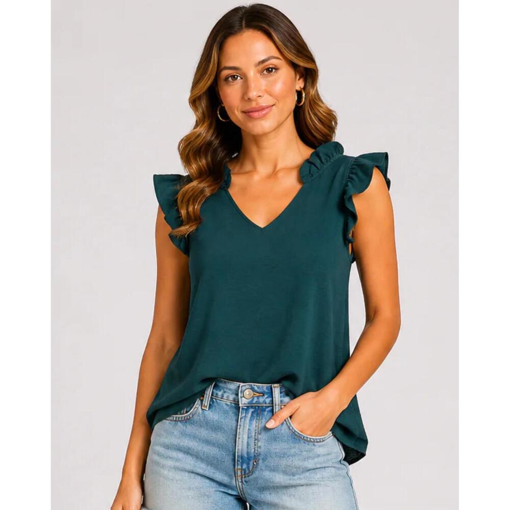 NEW LES AMIS sophia ruffle trim tank top in hunter green - Picture 2 of 2